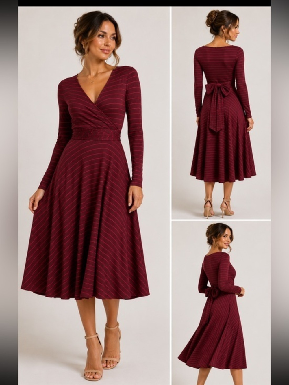 Butter by Nadia Burgundy Striped Wrap Maxi Dress Boho Long Sleeve Tie Waist
